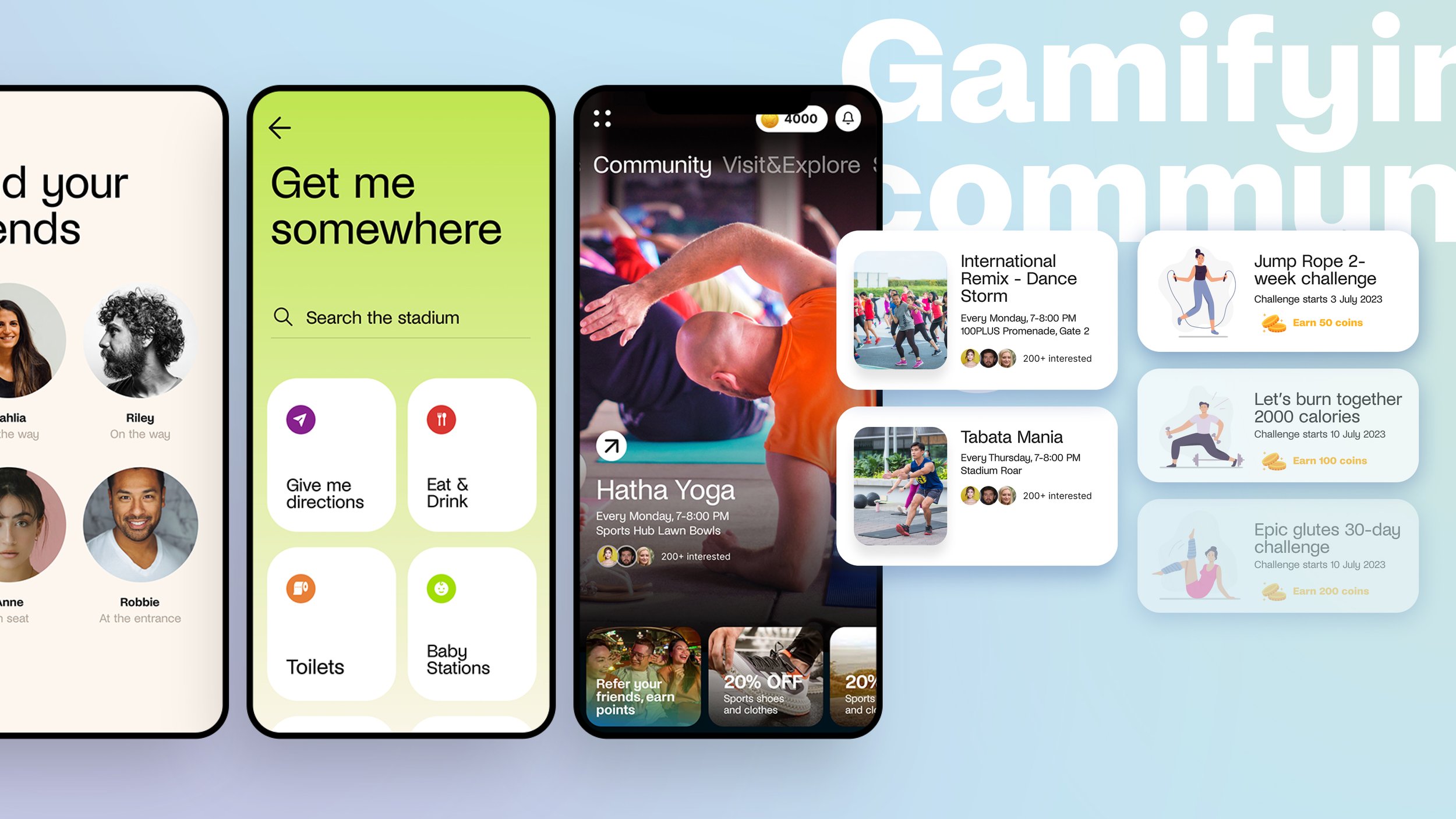 Community features — social connections, venue exploration, and gamified challenges